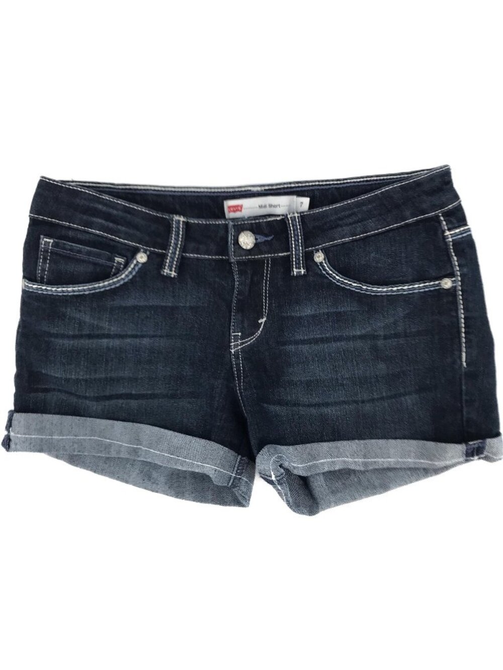 Levis Juniors Denim Midi Shorts Size 7 Dark Wash Cuffed Stretch